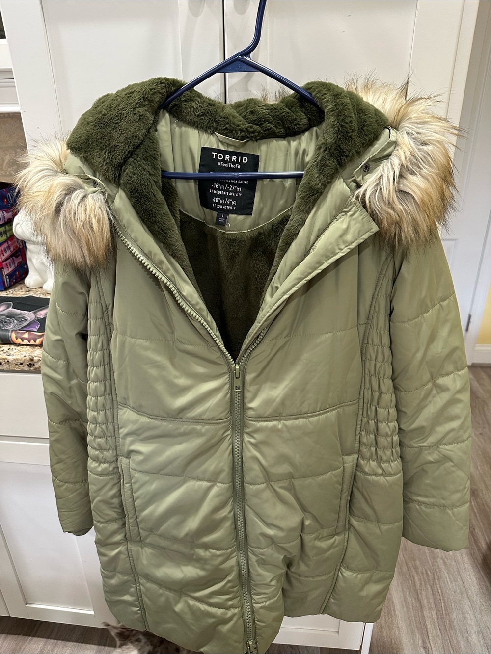 Torrid Olive Green Faux-Fur Trim Hooded fit & flare Puffer Jacket size 1